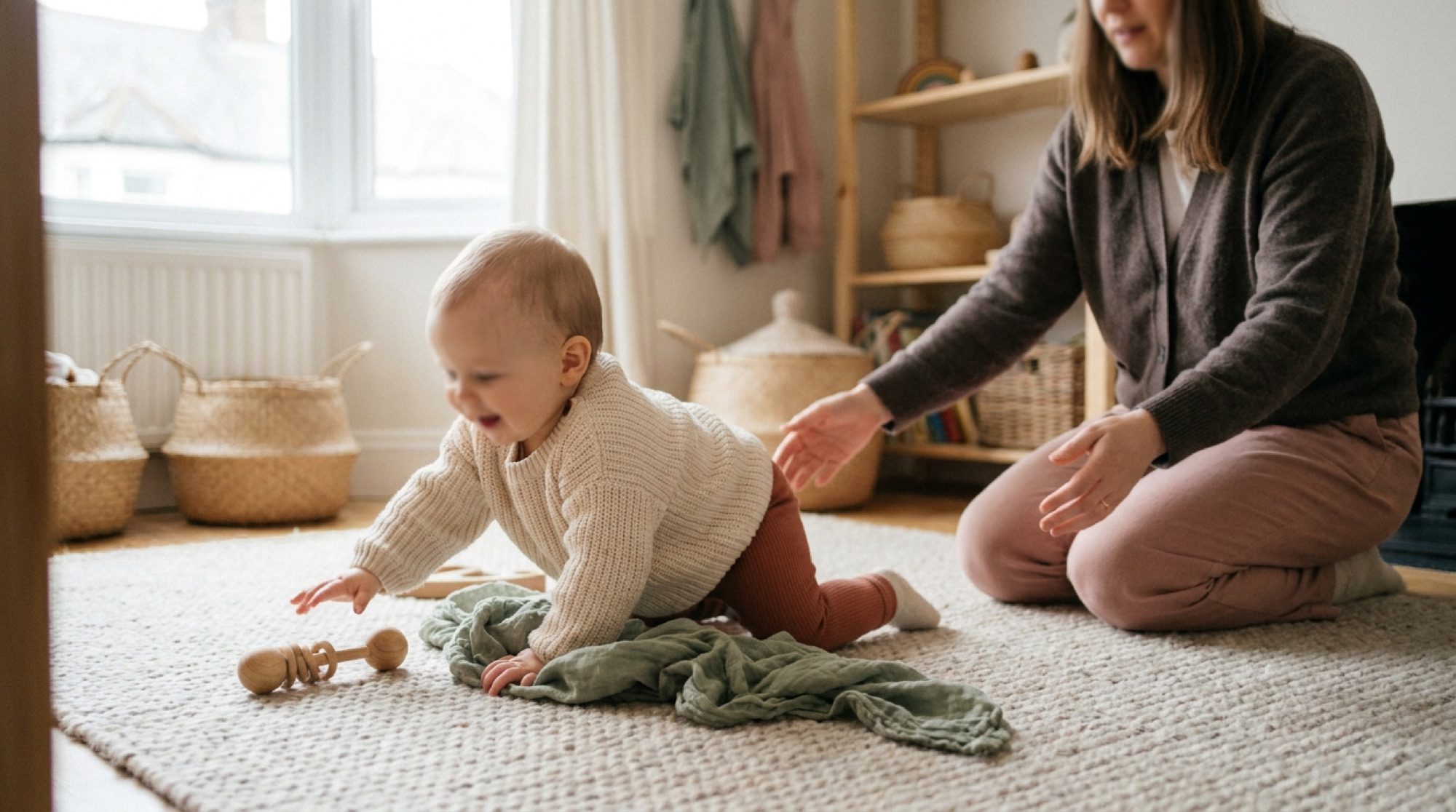A crawling baby exploring soft sensory toys with a parent close by at a Cosy Adventure class