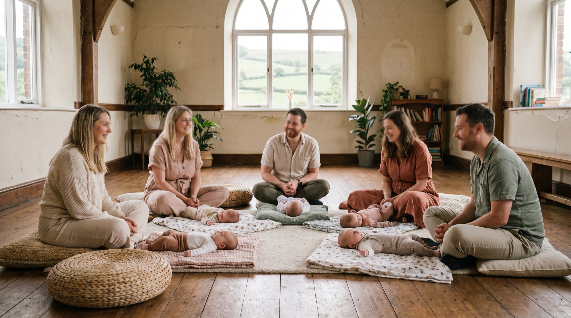 A circle of parents and babies sitting on mats during a calm group class in a Medway community hall
