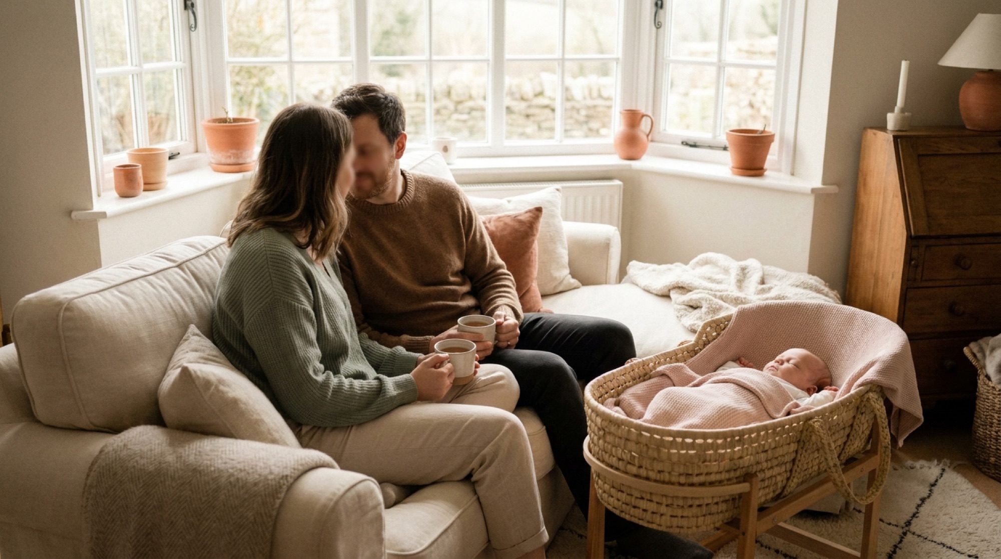 A parent talking with a baby massage practitioner while their baby sleeps nearby